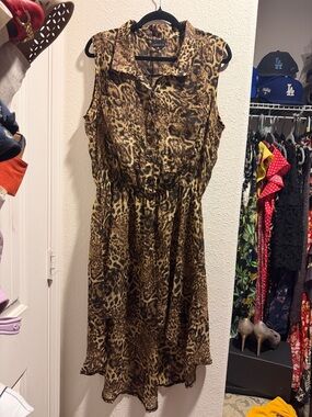 Sleeveless Leopard Print Midi Dress - Brown -